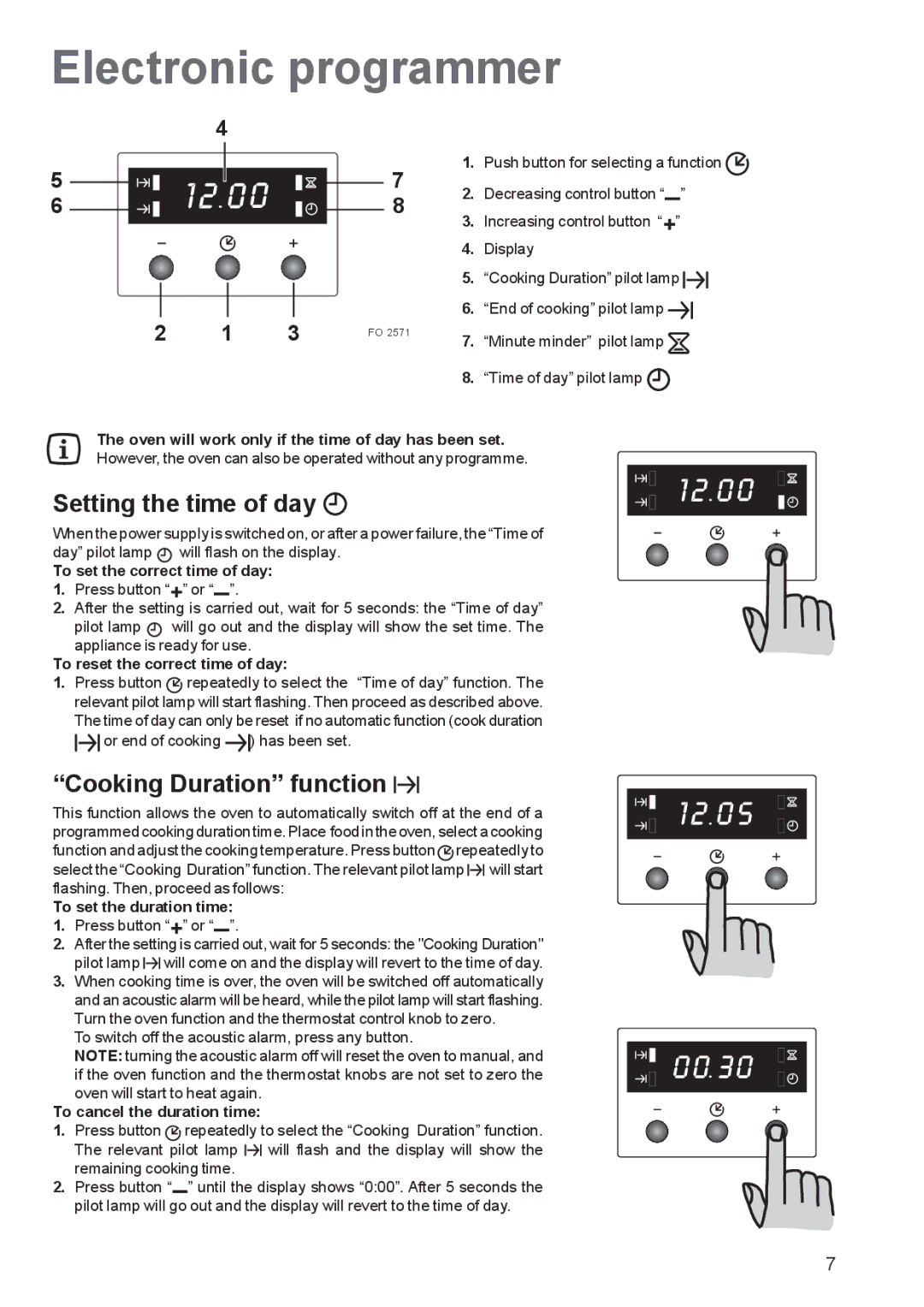 Zanussi ZBF 360 manual Electronic programmer, Setting the time of day, Cooking Duration function 