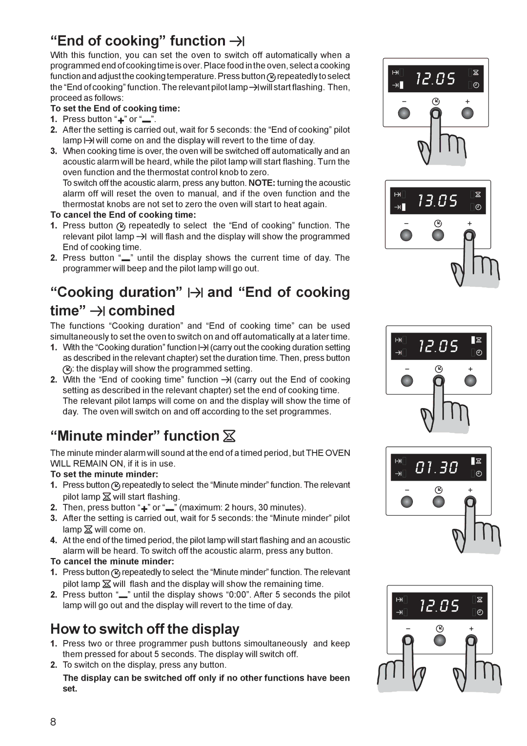 Zanussi ZBF 360 manual End of cooking function, Cooking duration and End of cooking time combined, Minute minder function 