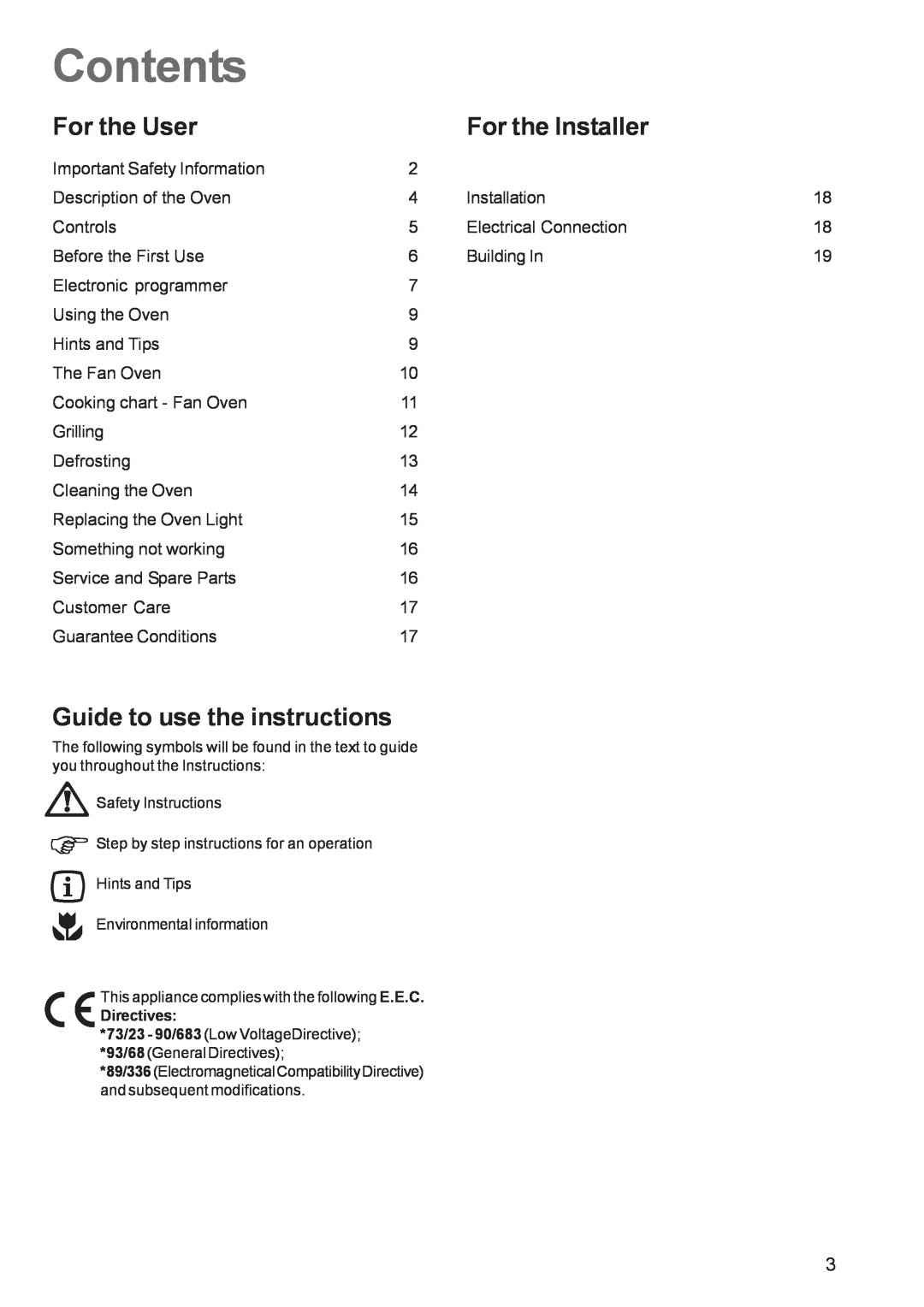 Zanussi ZBF 360 manual Contents, For the User, For the Installer, Guide to use the instructions 