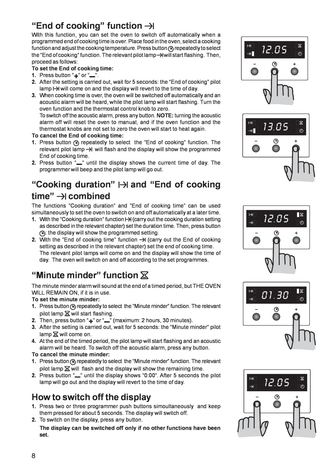 Zanussi ZBF 360 “End of cooking” function, “Cooking duration” and “End of cooking time” combined, “Minute minder” function 