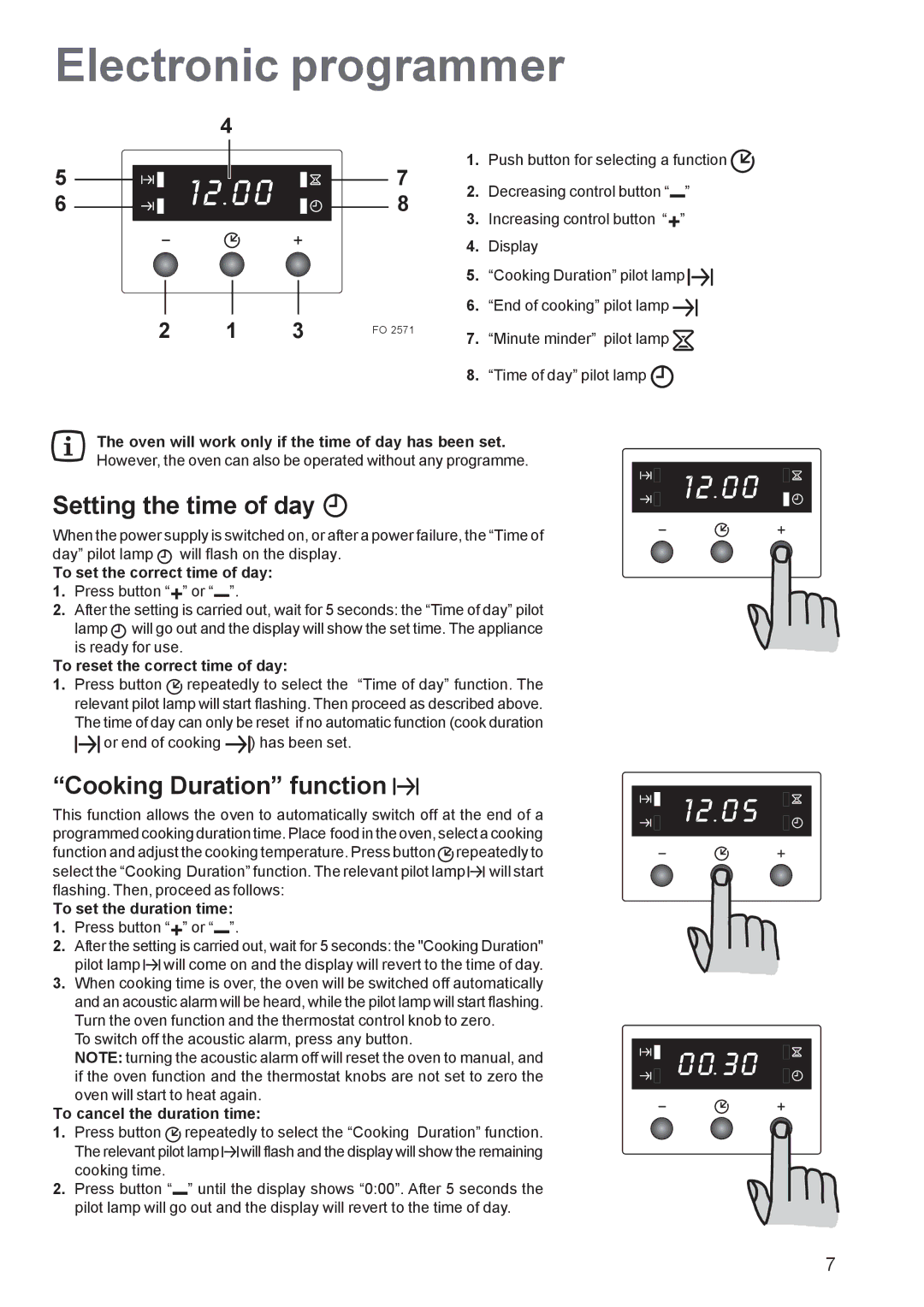 Zanussi ZBF 361 manual Electronic programmer, Setting the time of day, Cooking Duration function 