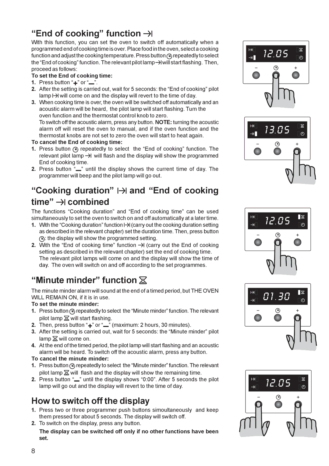 Zanussi ZBF 361 manual End of cooking function, Cooking duration and End of cooking time combined, Minute minder function 