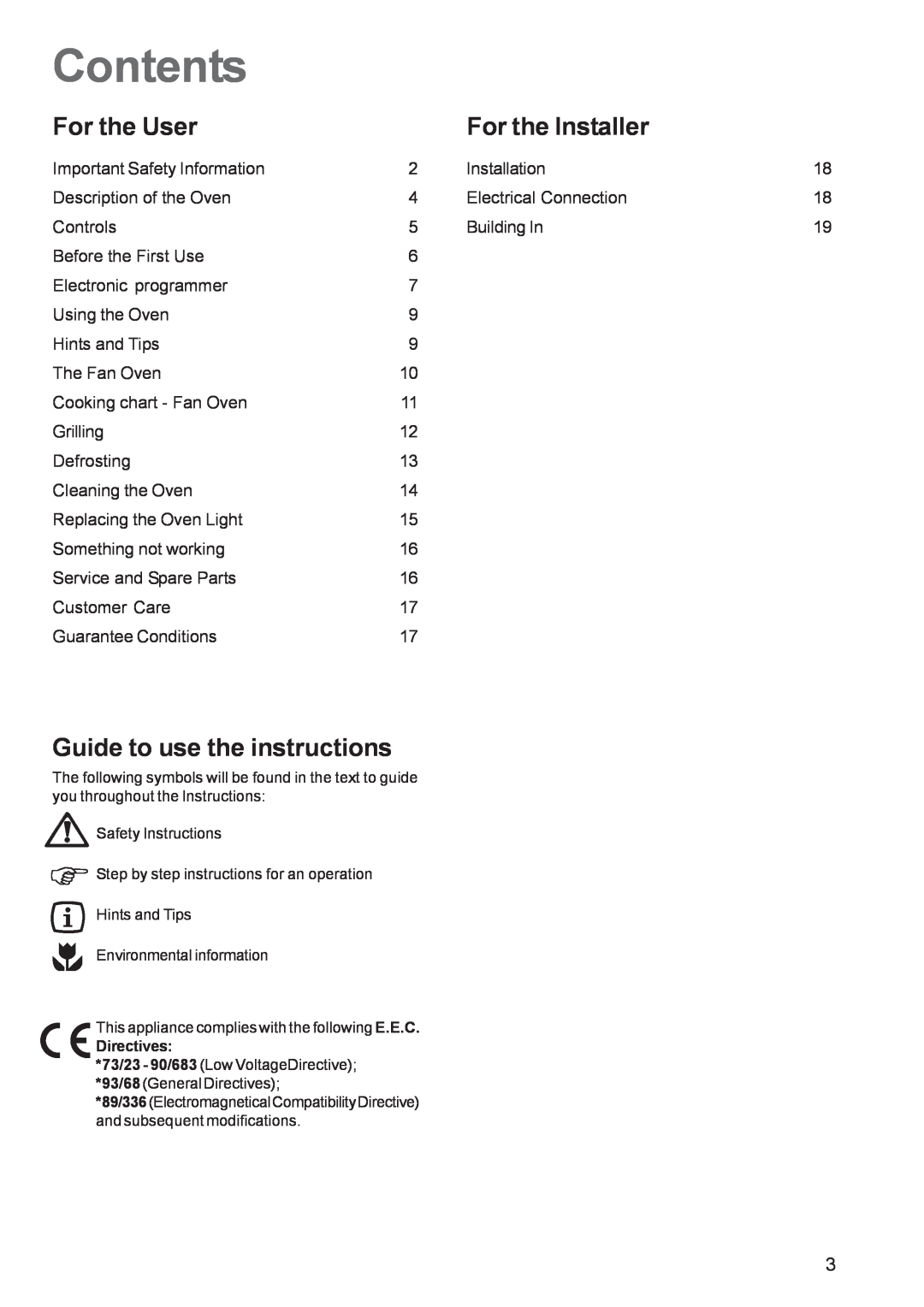 Zanussi ZBF 361 manual Contents, For the User, For the Installer, Guide to use the instructions 