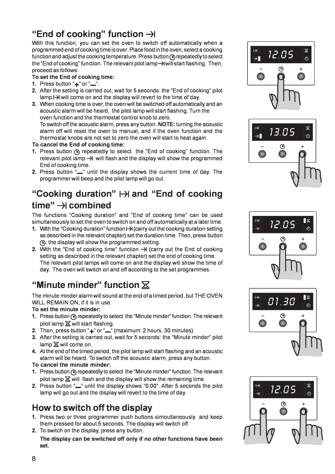 Zanussi ZBF 361 “End of cooking” function, “Cooking duration” and “End of cooking time” combined, “Minute minder” function 