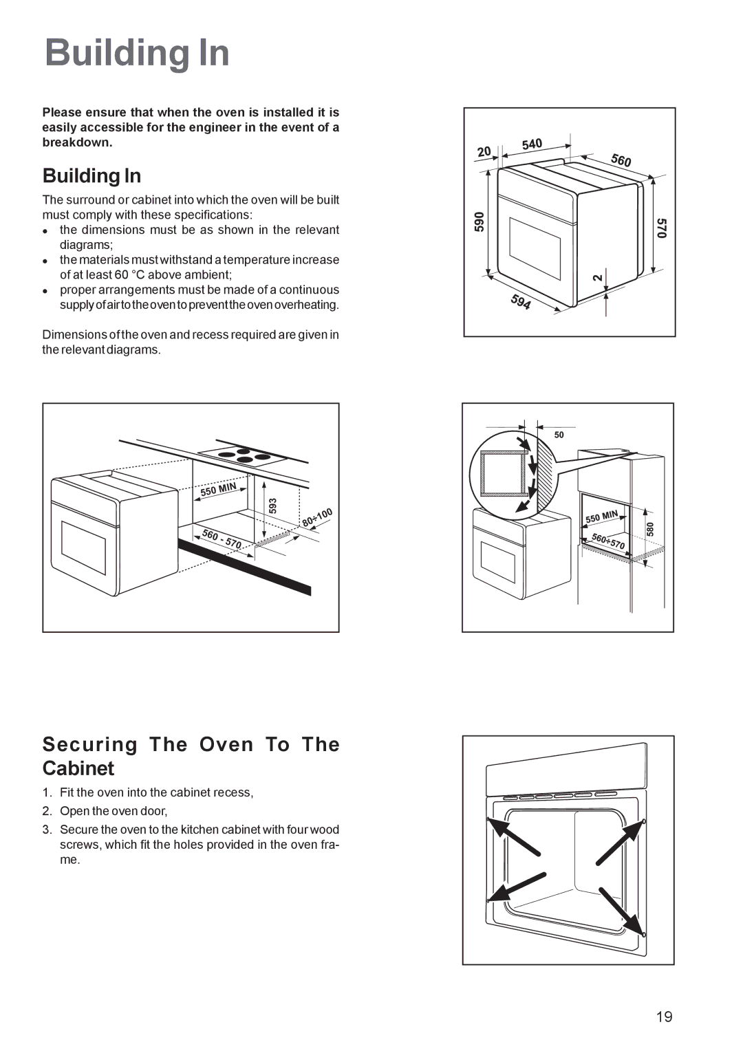 Zanussi ZBF 560 manual Building, Securing The Oven To The Cabinet, 570 