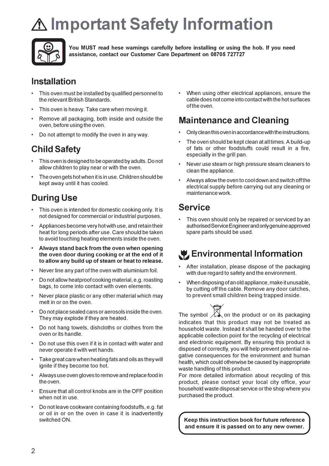 Zanussi ZBF 560 manual Important Safety Information 