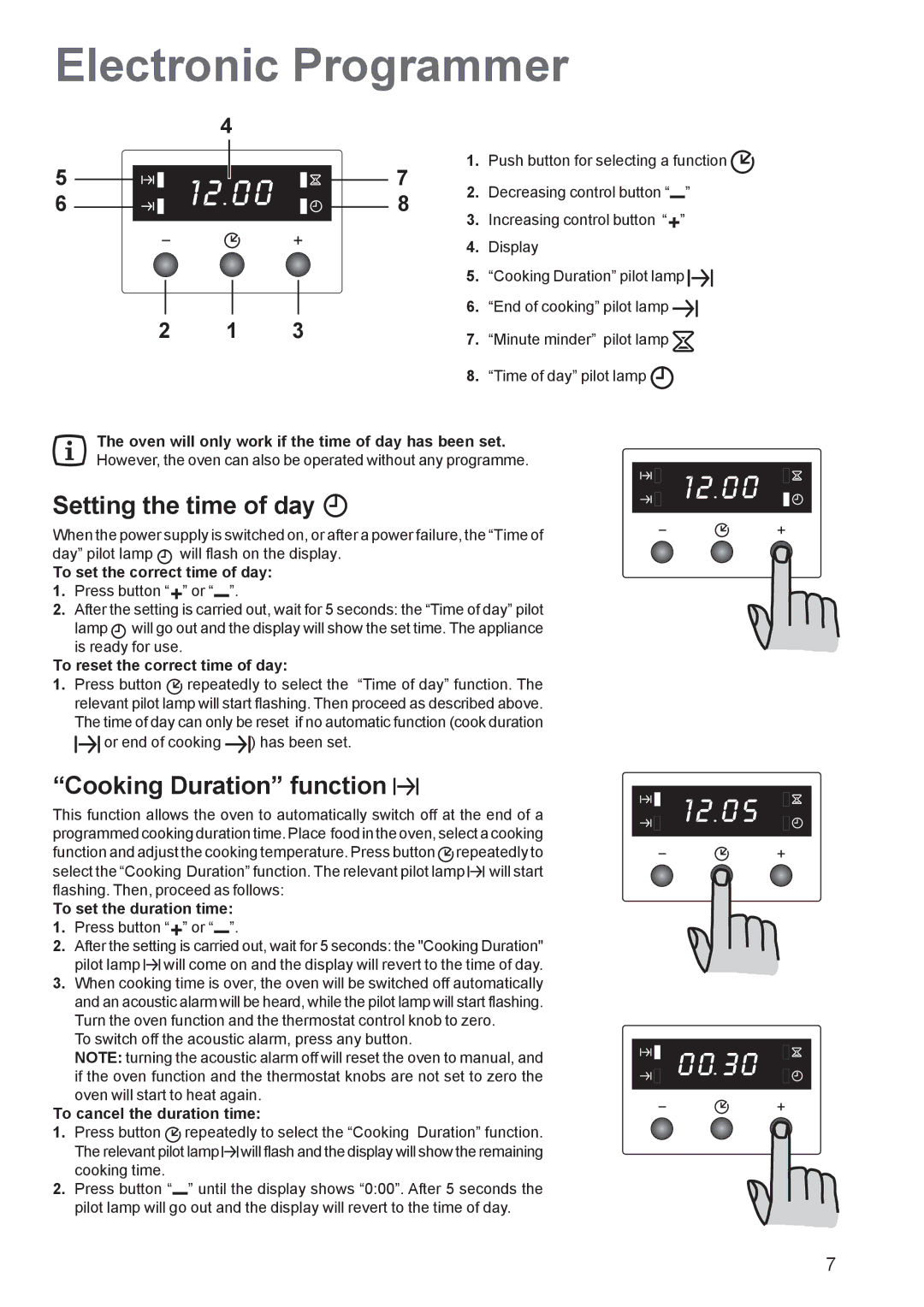 Zanussi ZBF 560 manual Electronic Programmer, Setting the time of day, Cooking Duration function 