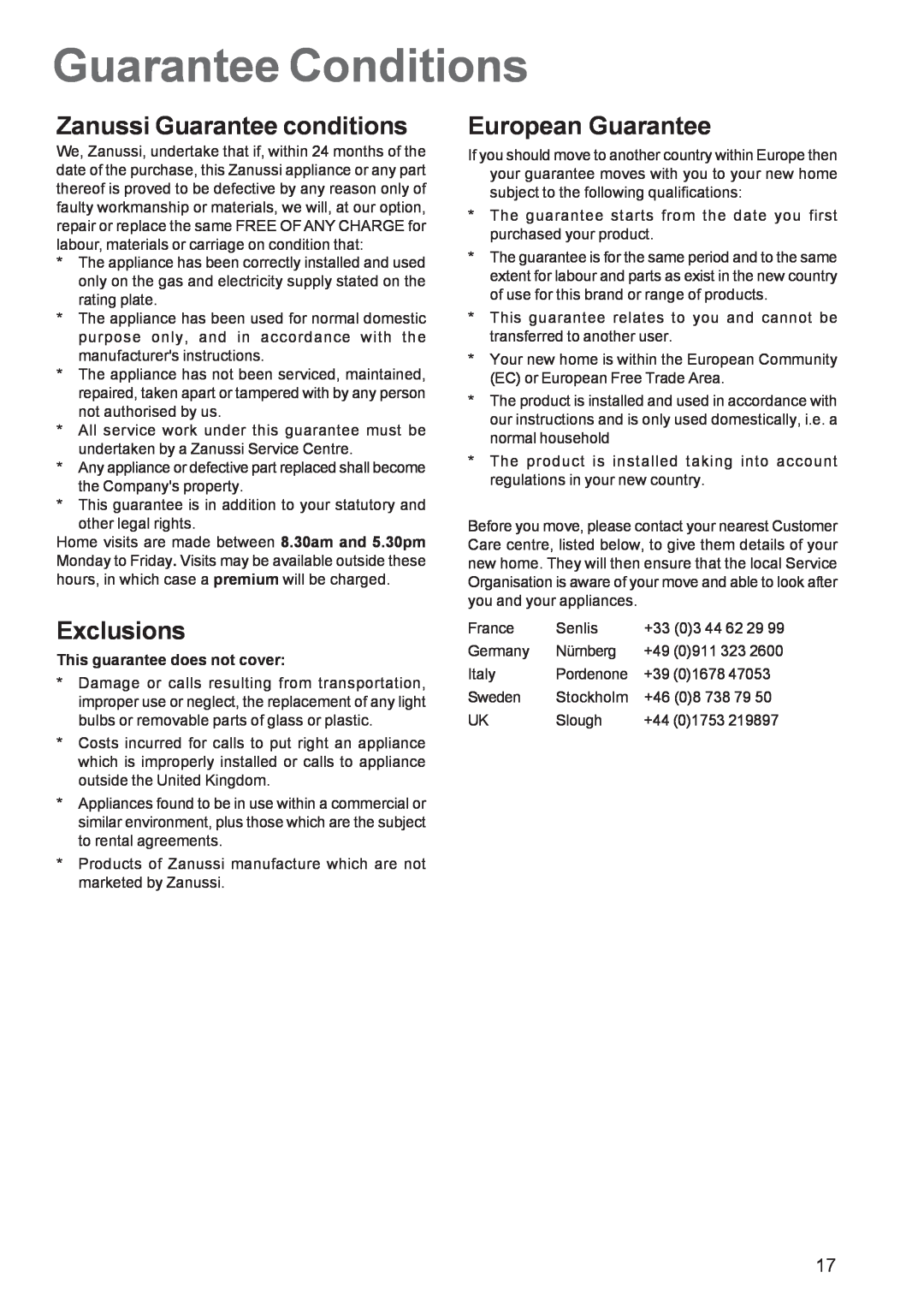 Zanussi ZBF 560 manual Guarantee Conditions, Zanussi Guarantee conditions, Exclusions, European Guarantee 