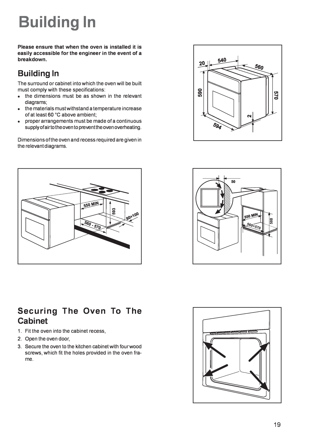 Zanussi ZBF 560 manual Building In, Securing The Oven To The Cabinet 