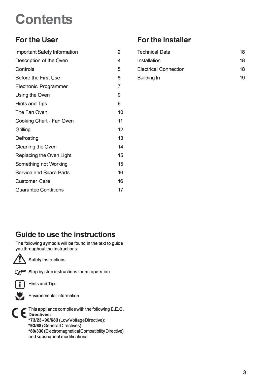 Zanussi ZBF 560 manual Contents, For the User, For the Installer, Guide to use the instructions 