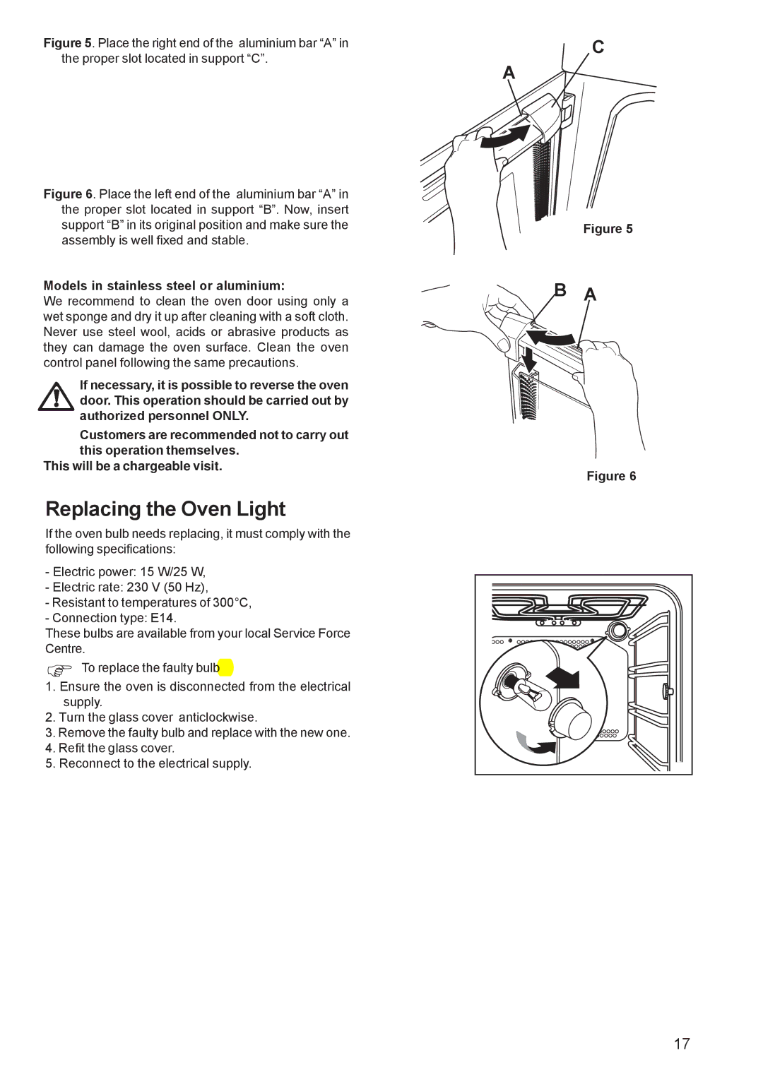 Zanussi ZBF 569 manual Replacing the Oven Light, Models in stainless steel or aluminium 