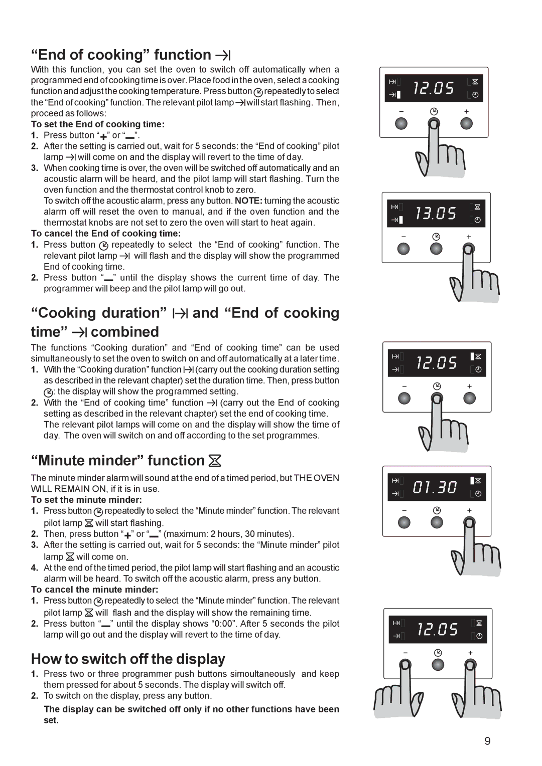 Zanussi ZBF 569 manual End of cooking function, Cooking duration and End of cooking time combined, Minute minder function 