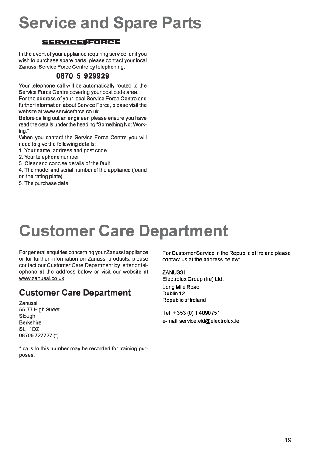 Zanussi ZBF 569 manual Service and Spare Parts, Customer Care Department, 0870 5 
