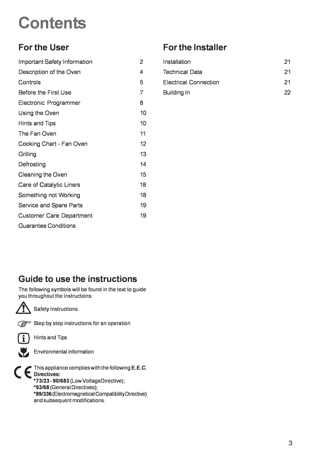 Zanussi ZBF 569 manual Contents, For the User, For the Installer, Guide to use the instructions 