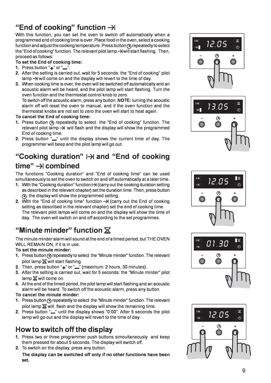 Zanussi ZBF 569 manual “End of cooking” function, “Minute minder” function, How to switch off the display 