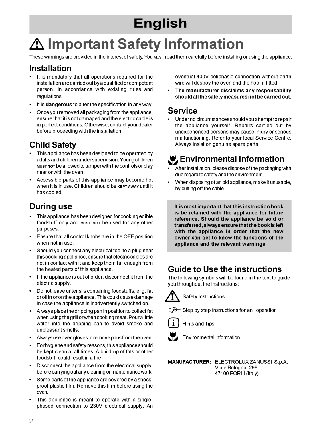 Zanussi ZBF 610 Installation, Child Safety, During use, Service, Environmental Information, Guide to Use the instructions 