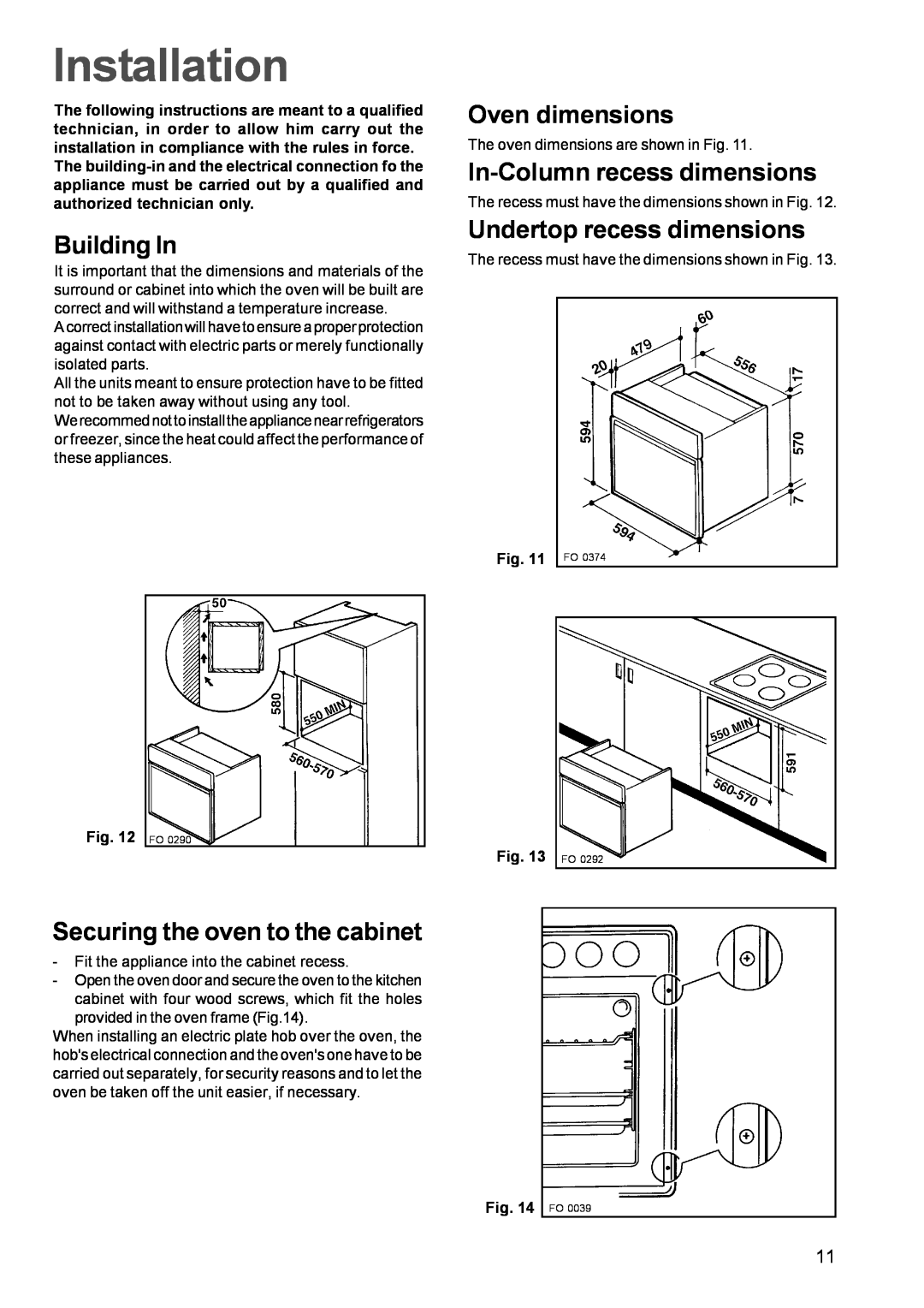Zanussi ZBF 610 Installation, Building In, Securing the oven to the cabinet, Oven dimensions, In-Column recess dimensions 