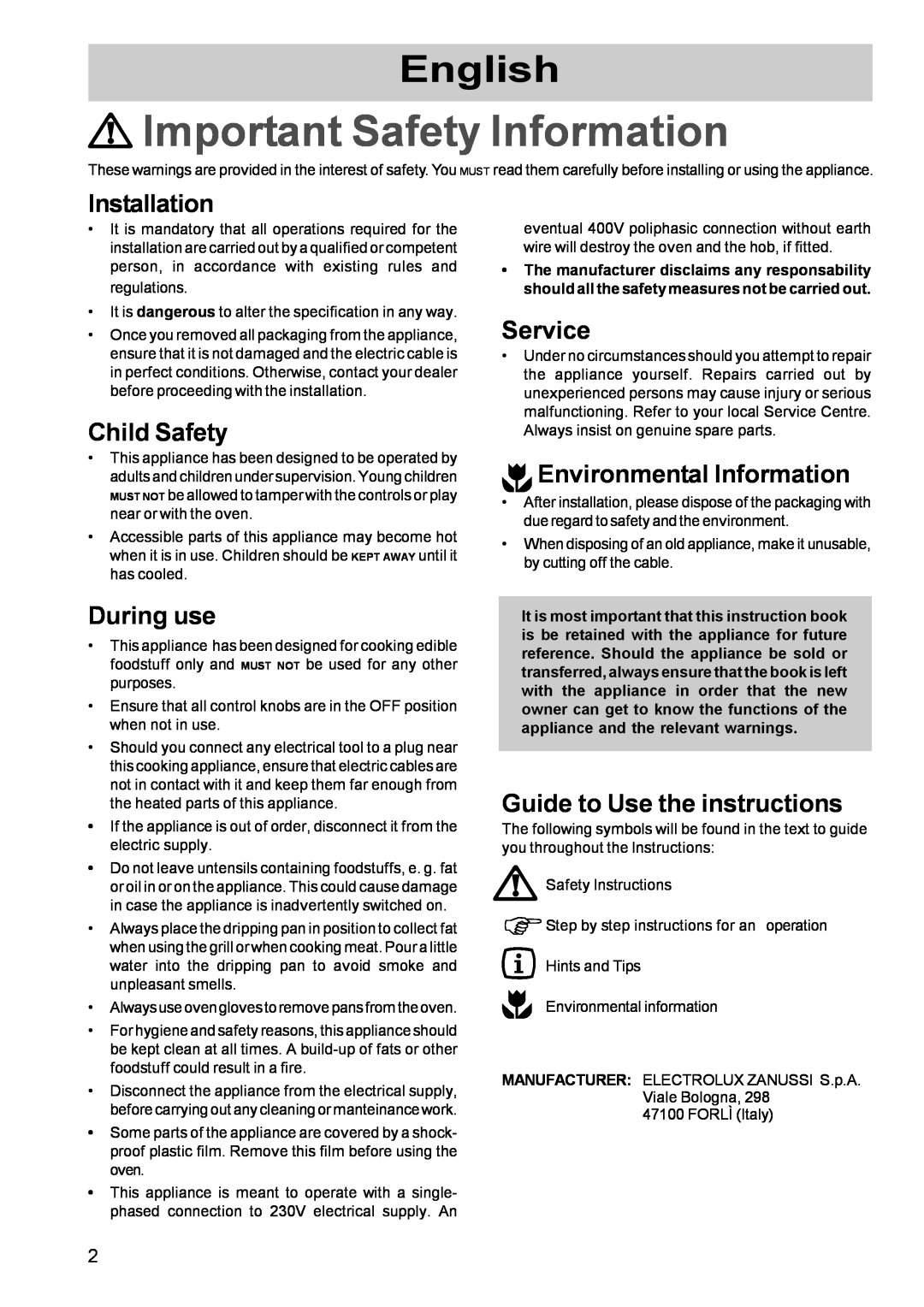 Zanussi ZBF 610 Installation, Child Safety, During use, Service, Environmental Information, Guide to Use the instructions 