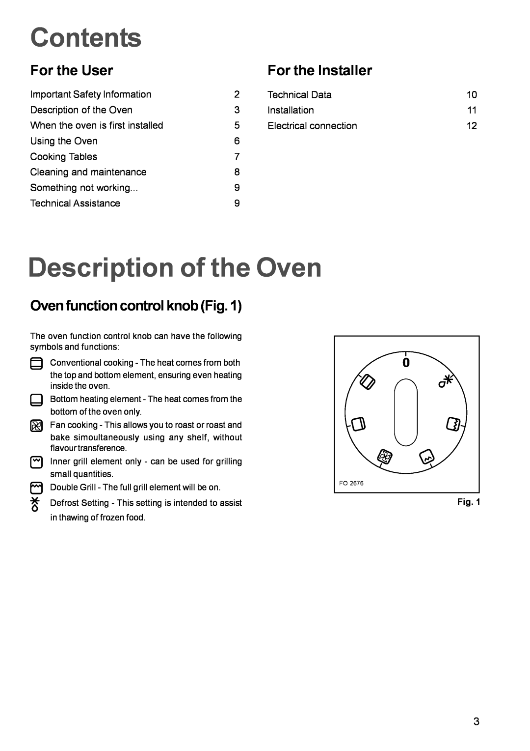 Zanussi ZBF 610 manual Contents, Description of the Oven, For the User, For the Installer, Oven function control knob Fig 