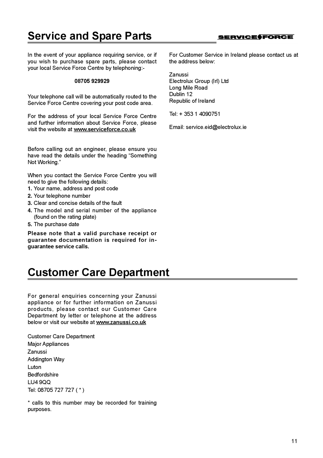 Zanussi ZBF 6114 manual Service and Spare Parts, Customer Care Department, 08705 