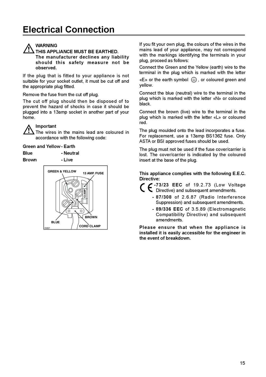 Zanussi ZBF 6114 manual Electrical Connection, Green and Yellow Earth Blue- Neutral Brown Live 