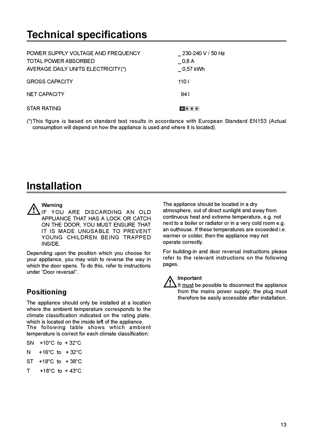 Zanussi ZBF 6114 manual Technical specifications, Installation, Positioning 