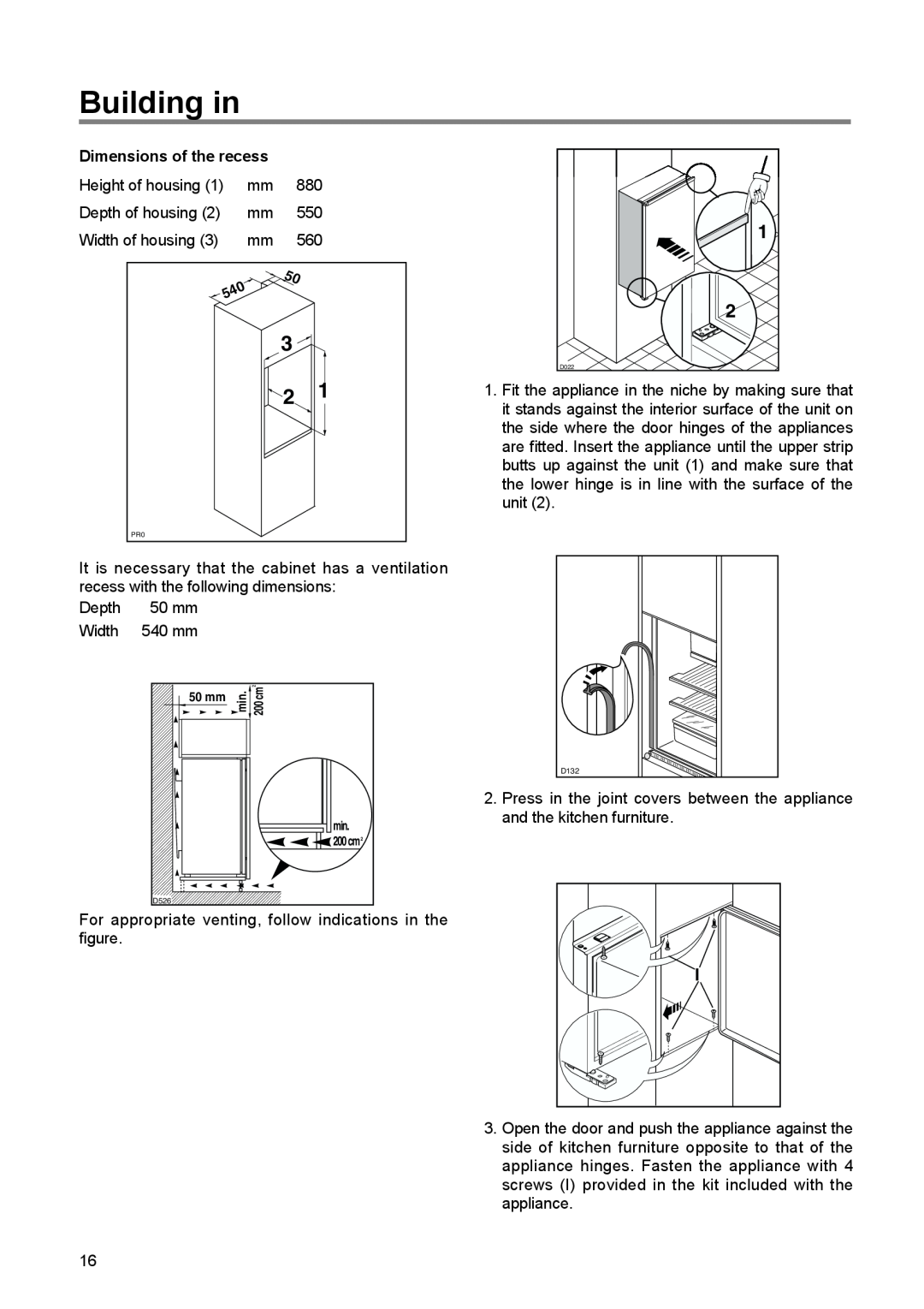 Zanussi ZBF 6114 manual Building in, Dimensions of the recess 