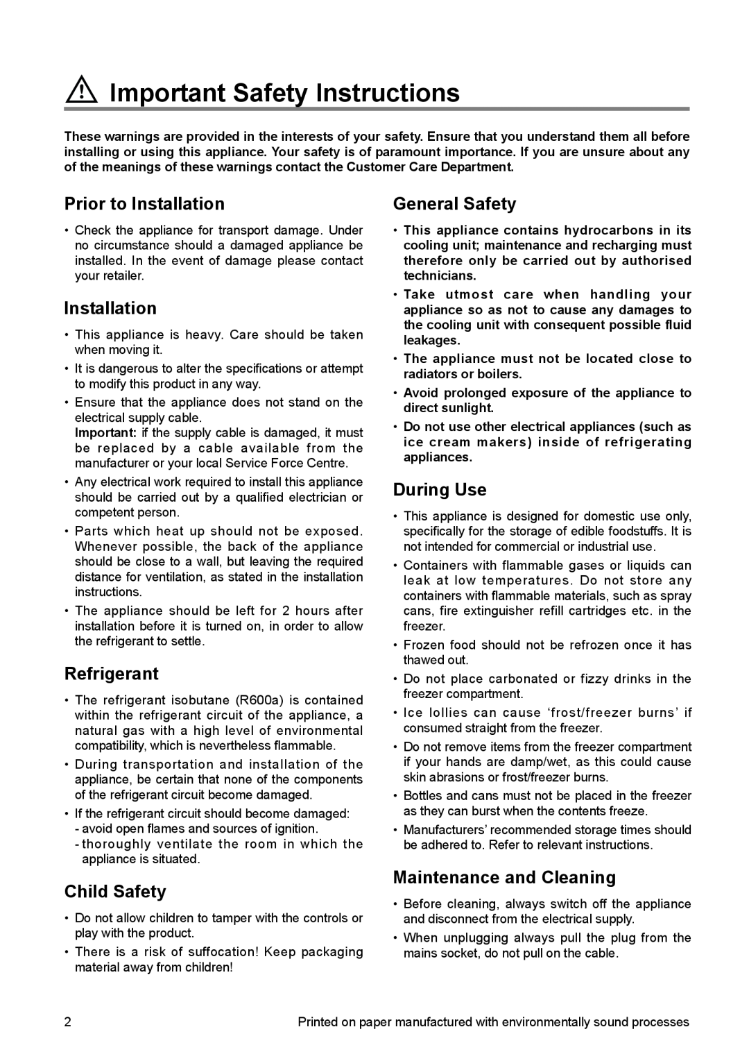 Zanussi ZBF 6114 manual Important Safety Instructions, Prior to Installation, Refrigerant, General Safety, During Use 