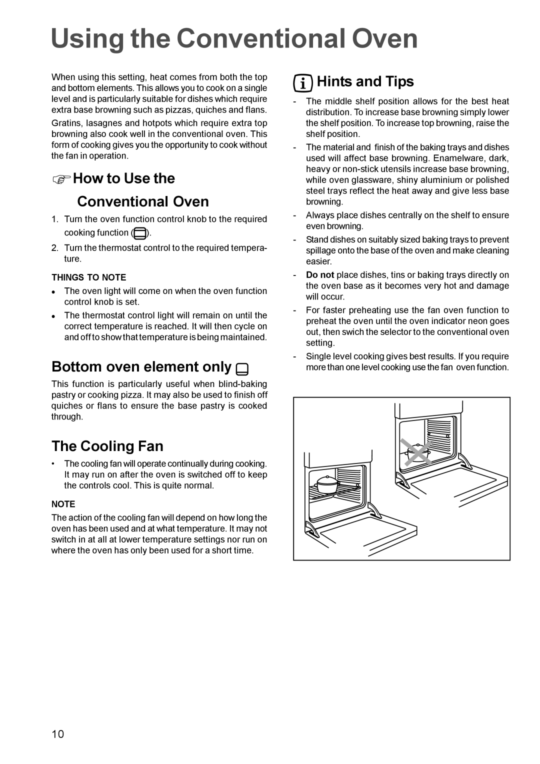 Zanussi ZBF 660 Using the Conventional Oven, ΦHow to Use the Conventional Oven, Bottom oven element only, Hints and Tips 