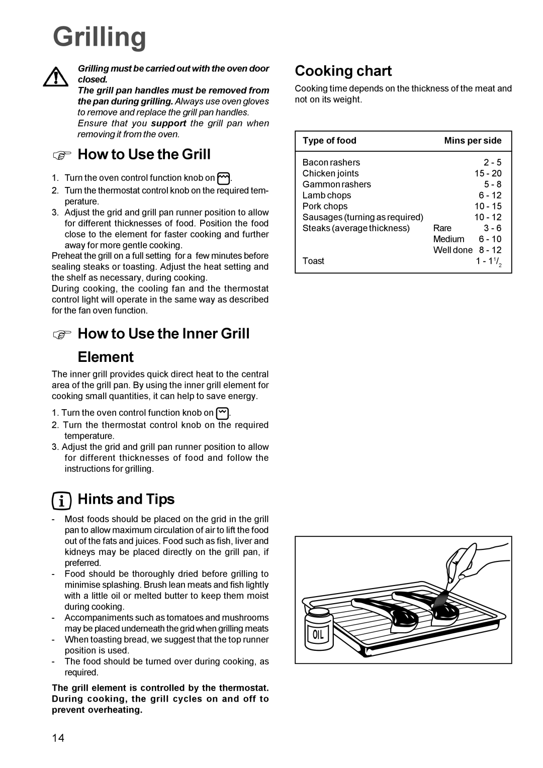 Zanussi ZBF 660, ZBQ 665 manual Grilling, How to Use the Grill, How to Use the Inner Grill Element, Cooking chart 