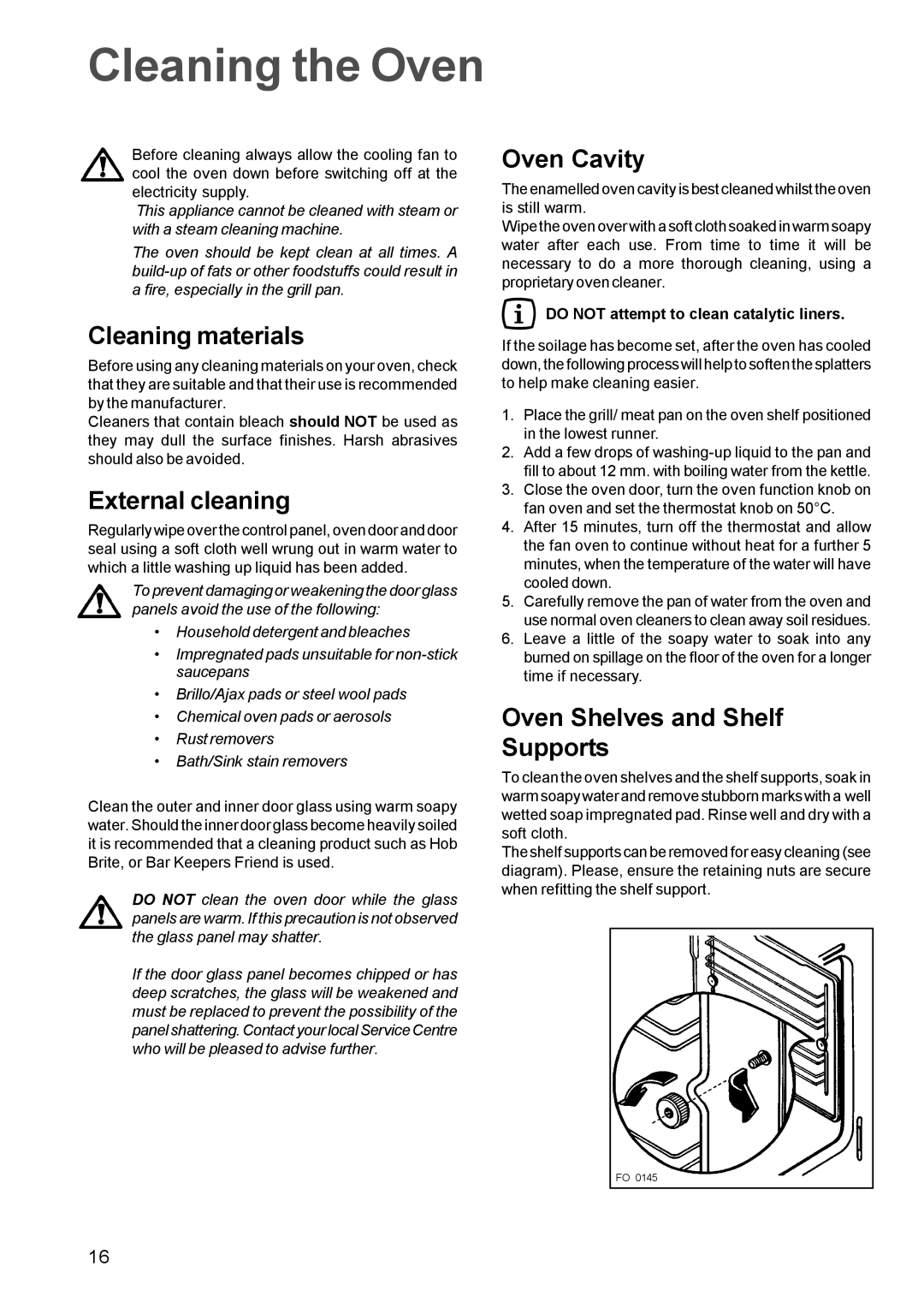 Zanussi ZBF 660 Cleaning the Oven, Cleaning materials, External cleaning, Oven Cavity, Oven Shelves and Shelf Supports 