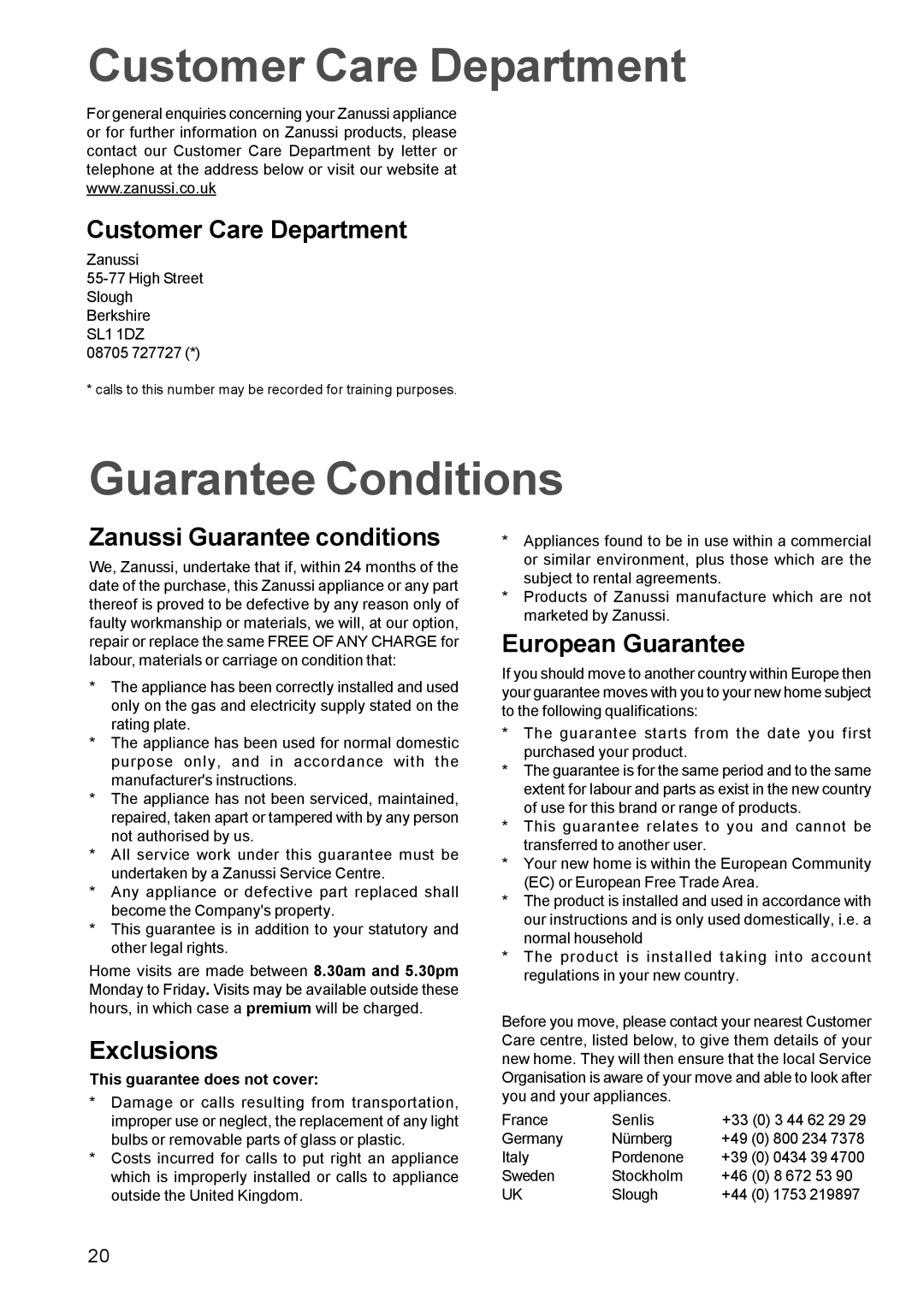 Zanussi ZBF 660, ZBQ 665 manual Customer Care Department, Guarantee Conditions 