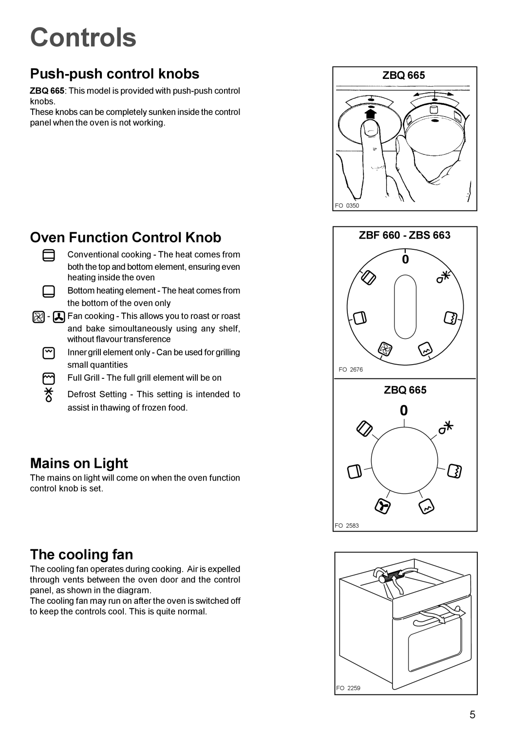 Zanussi ZBQ 665, ZBF 660 manual Controls, Push-push control knobs, Oven Function Control Knob, Mains on Light, Cooling fan 