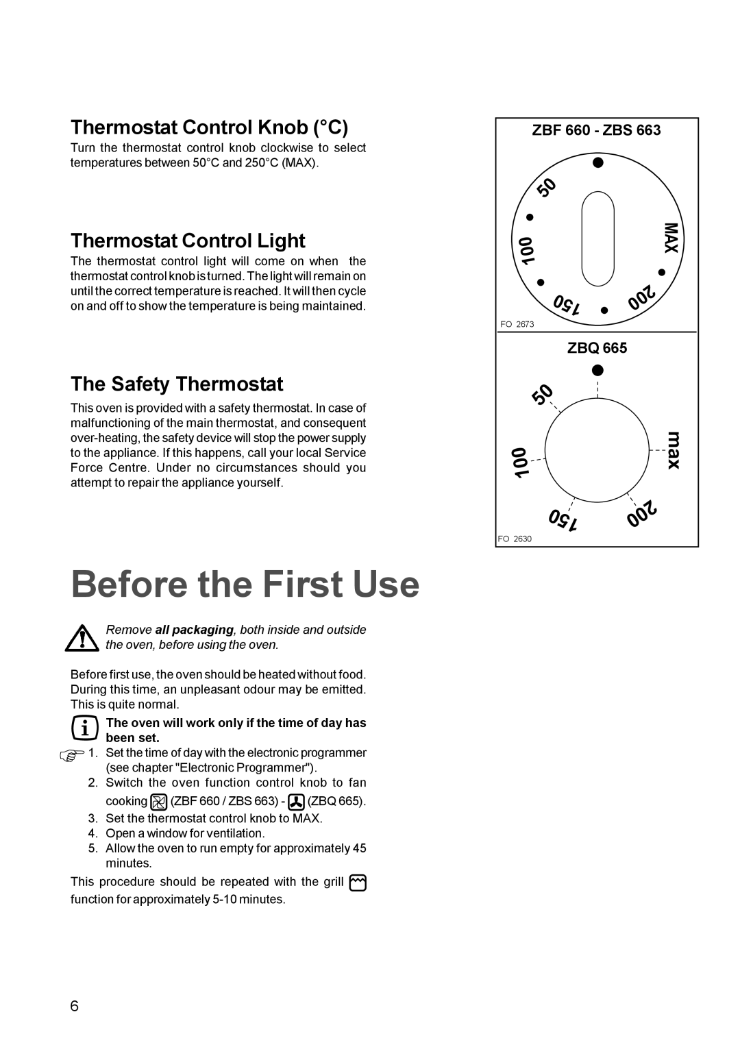 Zanussi ZBF 660, ZBQ 665 manual Before the First Use, Thermostat Control Knob C, Thermostat Control Light, Safety Thermostat 