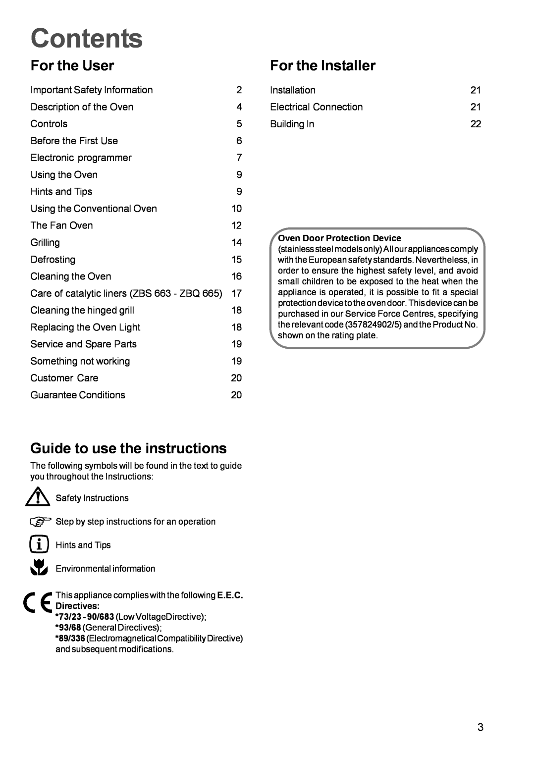 Zanussi ZBQ 665, ZBF 660 manual Contents, For the User, Guide to use the instructions, For the Installer 