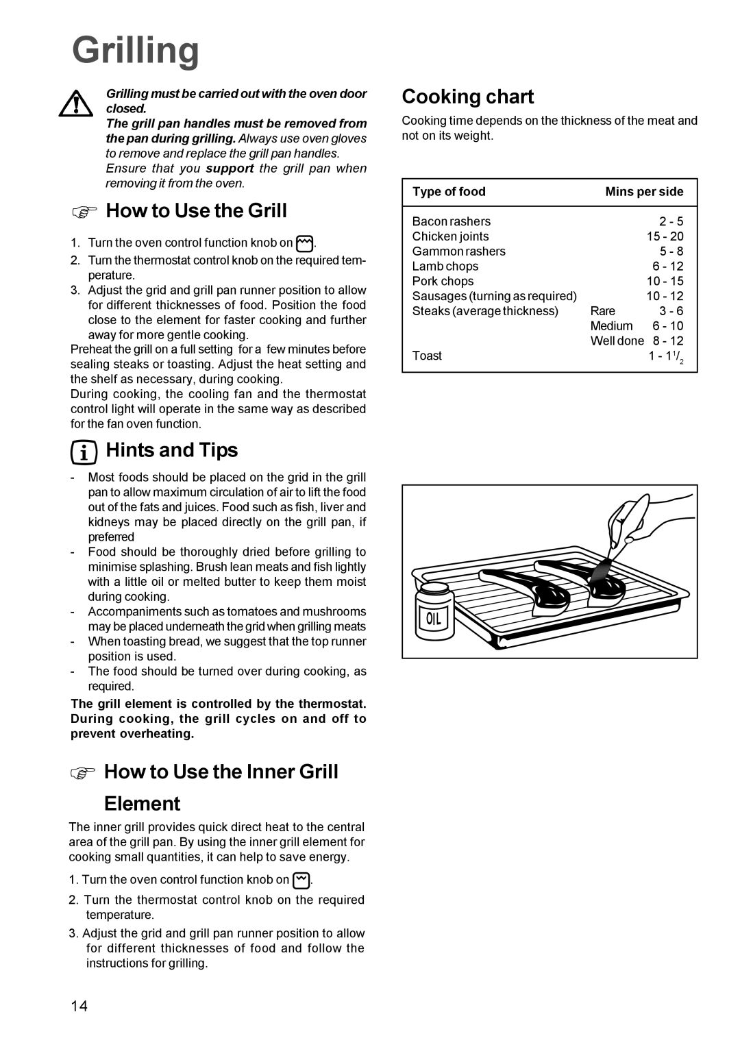 Zanussi ZBF 669 manual Grilling, How to Use the Grill, How to Use the Inner Grill Element, Cooking chart 