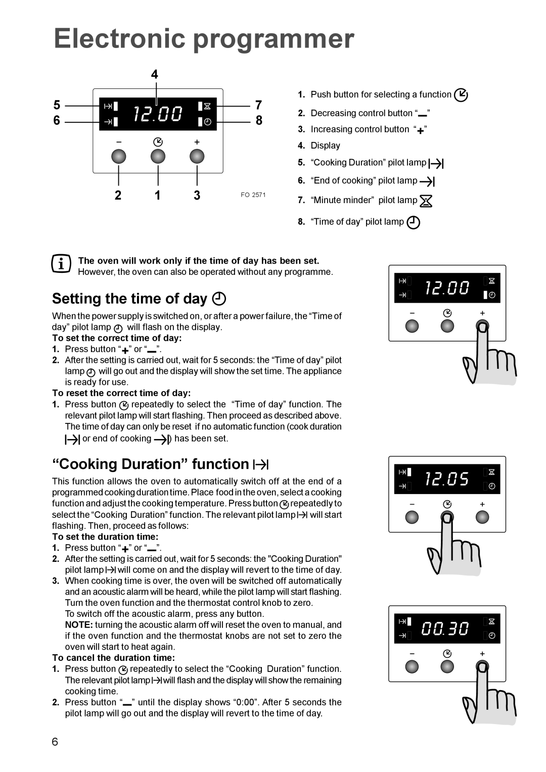 Zanussi ZBF 669 manual Setting the time of day, Cooking Duration function 