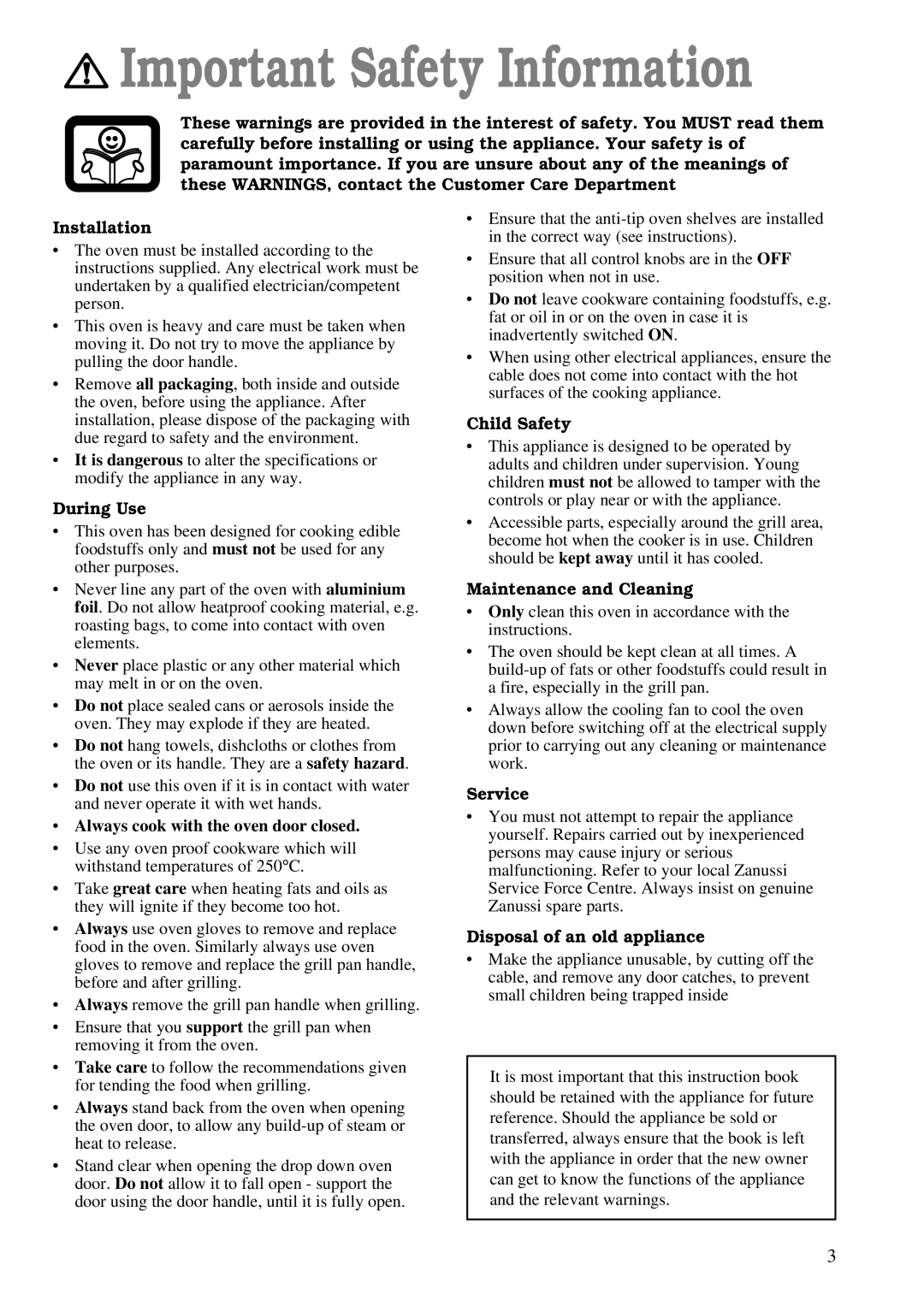 Zanussi ZBF 760 installation manual Important Safety Information 