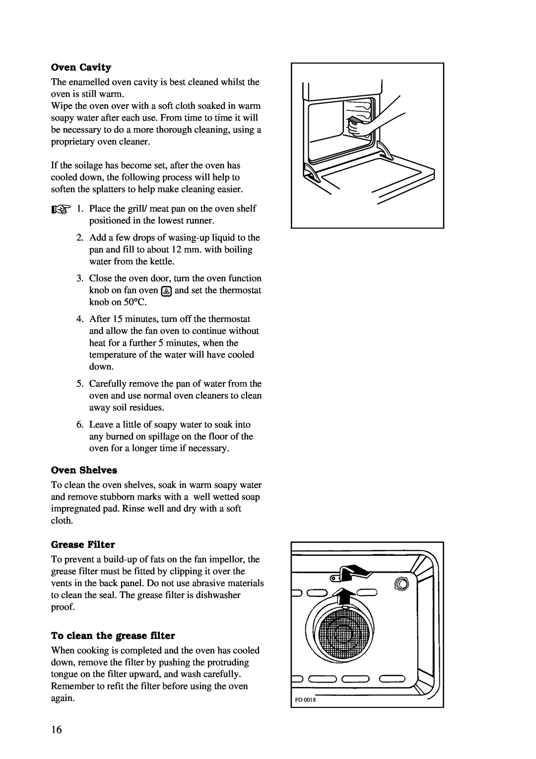 Zanussi ZBF 760 installation manual Oven Cavity, Oven Shelves, Grease Filter, To clean the grease filter 