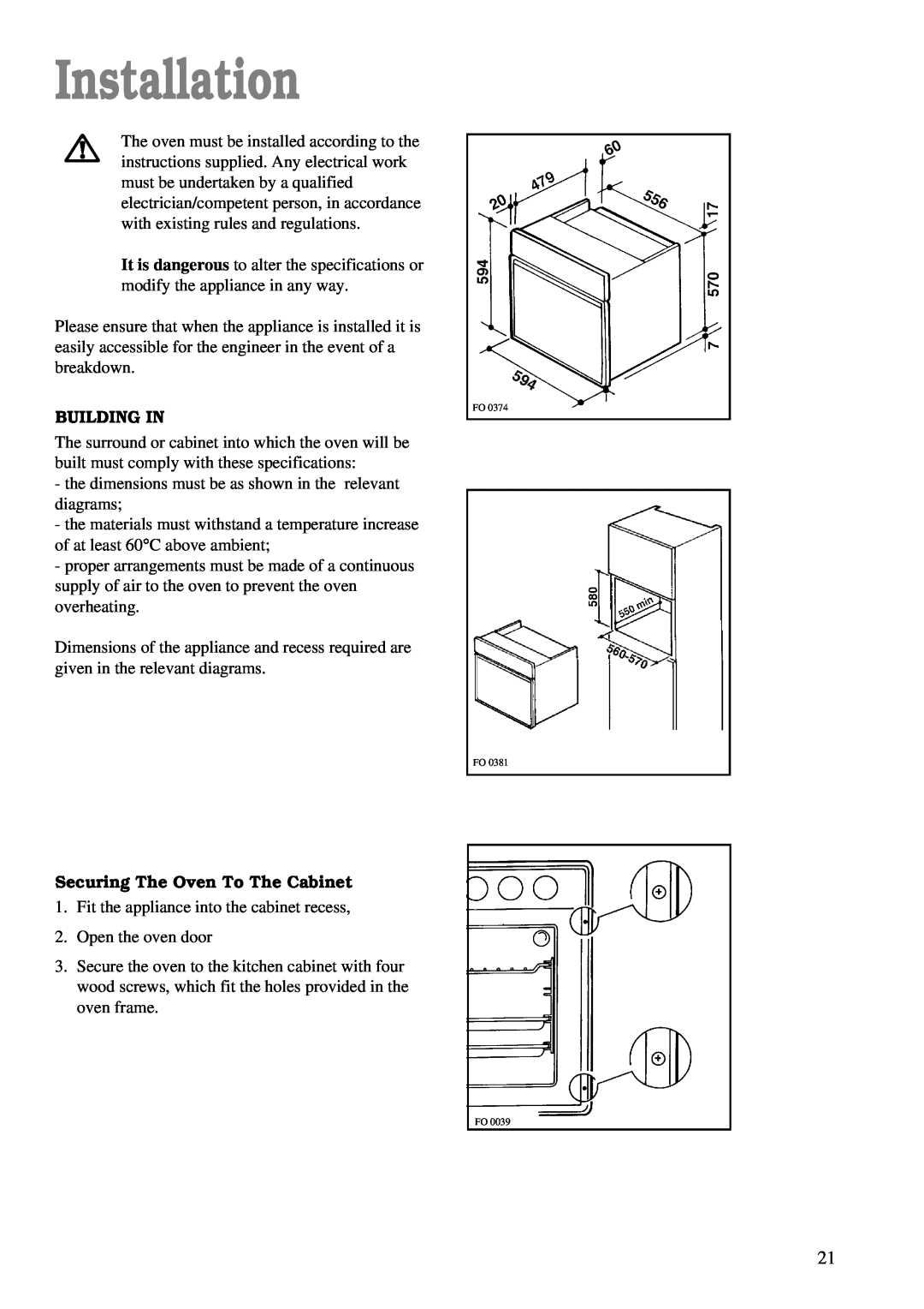 Zanussi ZBF 760 installation manual Installation, Building In, Securing The Oven To The Cabinet 