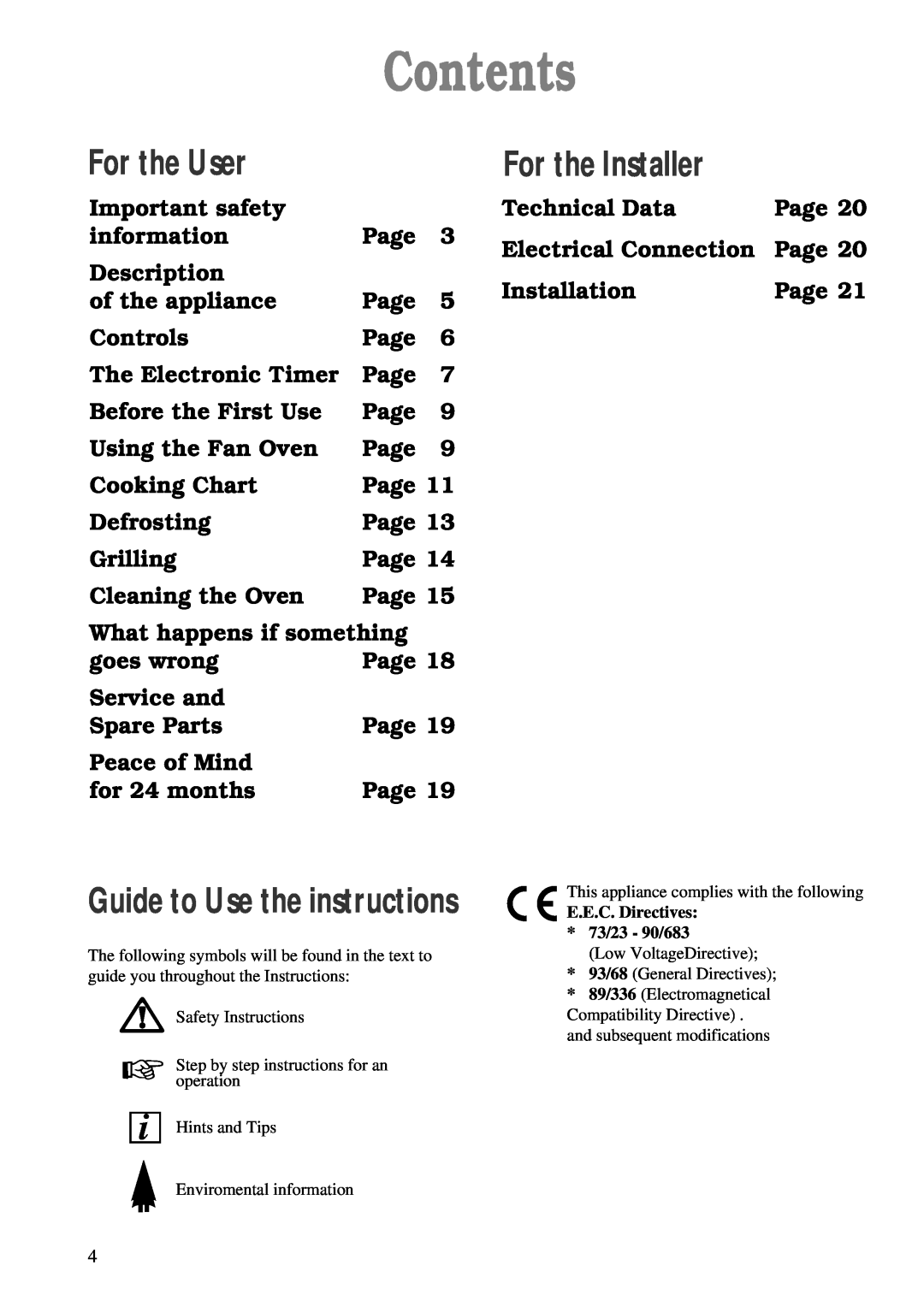 Zanussi ZBF 760 installation manual Contents, For the User, For the Installer, Guide to Use the instructions 