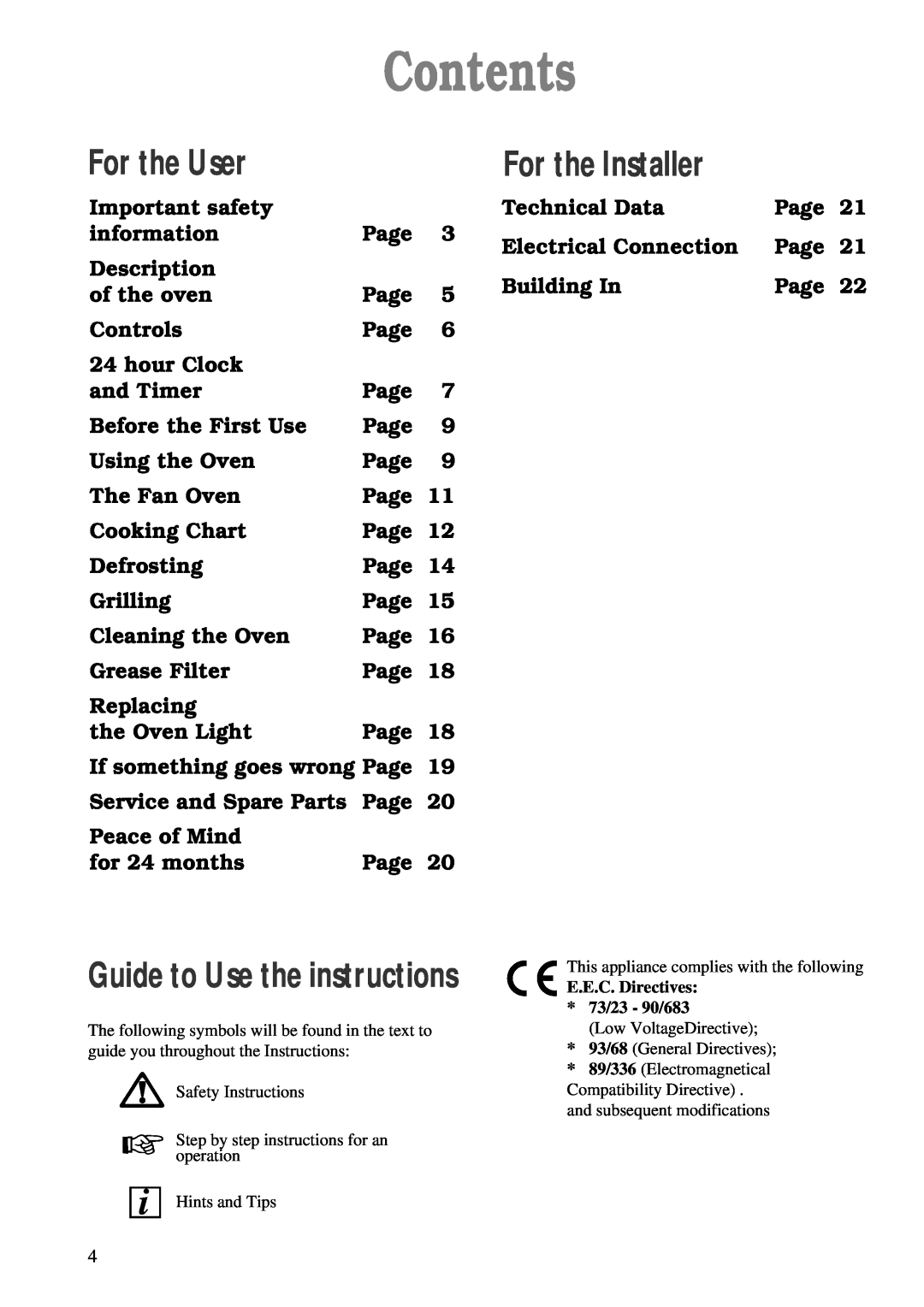 Zanussi ZBF 860 manual Contents, For the User, For the Installer, Guide to Use the instructions 