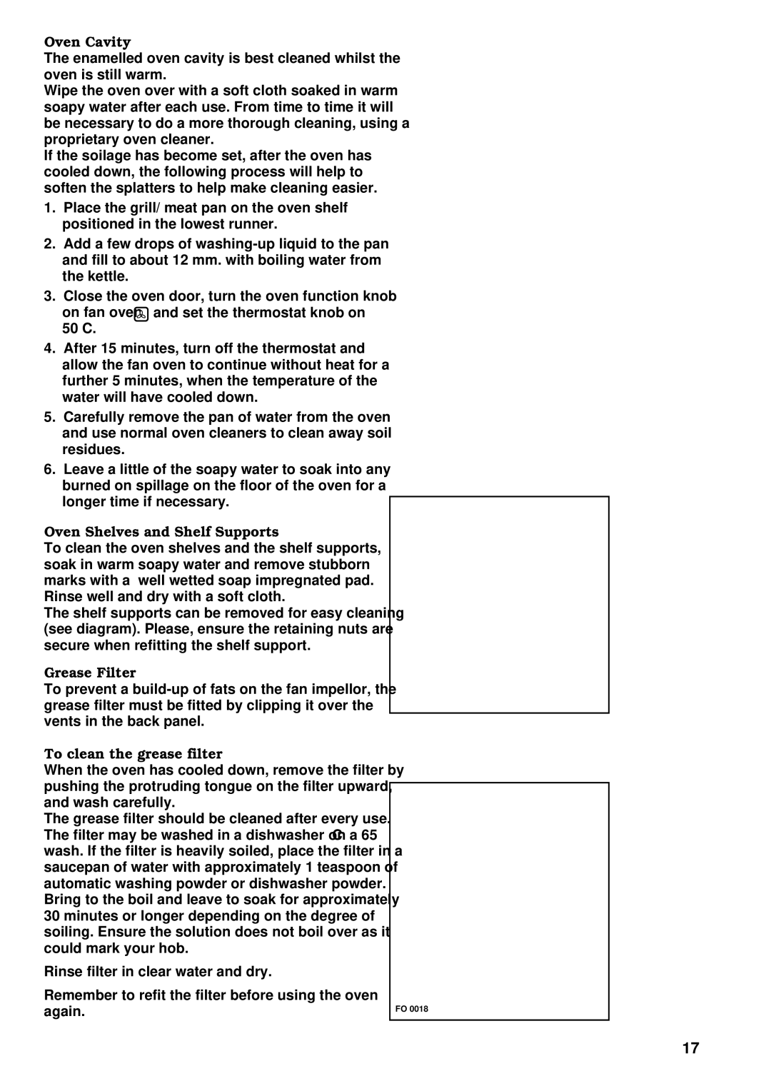 Zanussi ZBF 863 manual Oven Cavity, Oven Shelves and Shelf Supports, Grease Filter, To clean the grease filter 