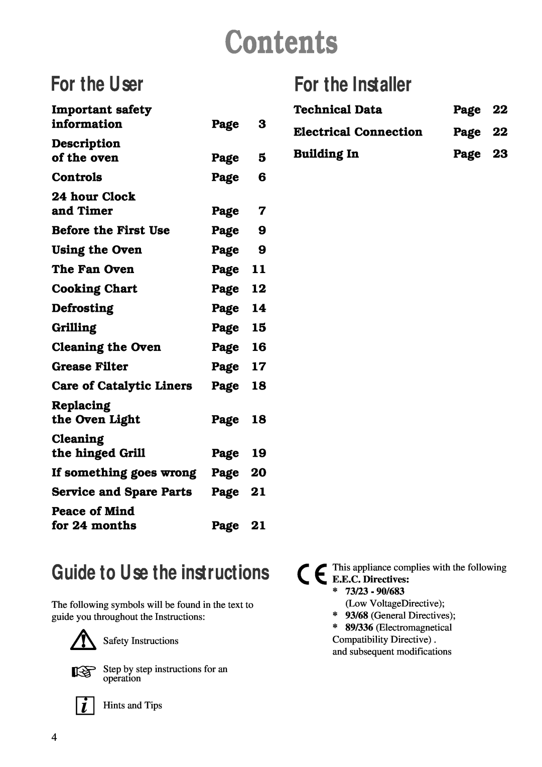 Zanussi ZBF 863 manual Contents, For the User, For the Installer, Guide to Use the instructions 