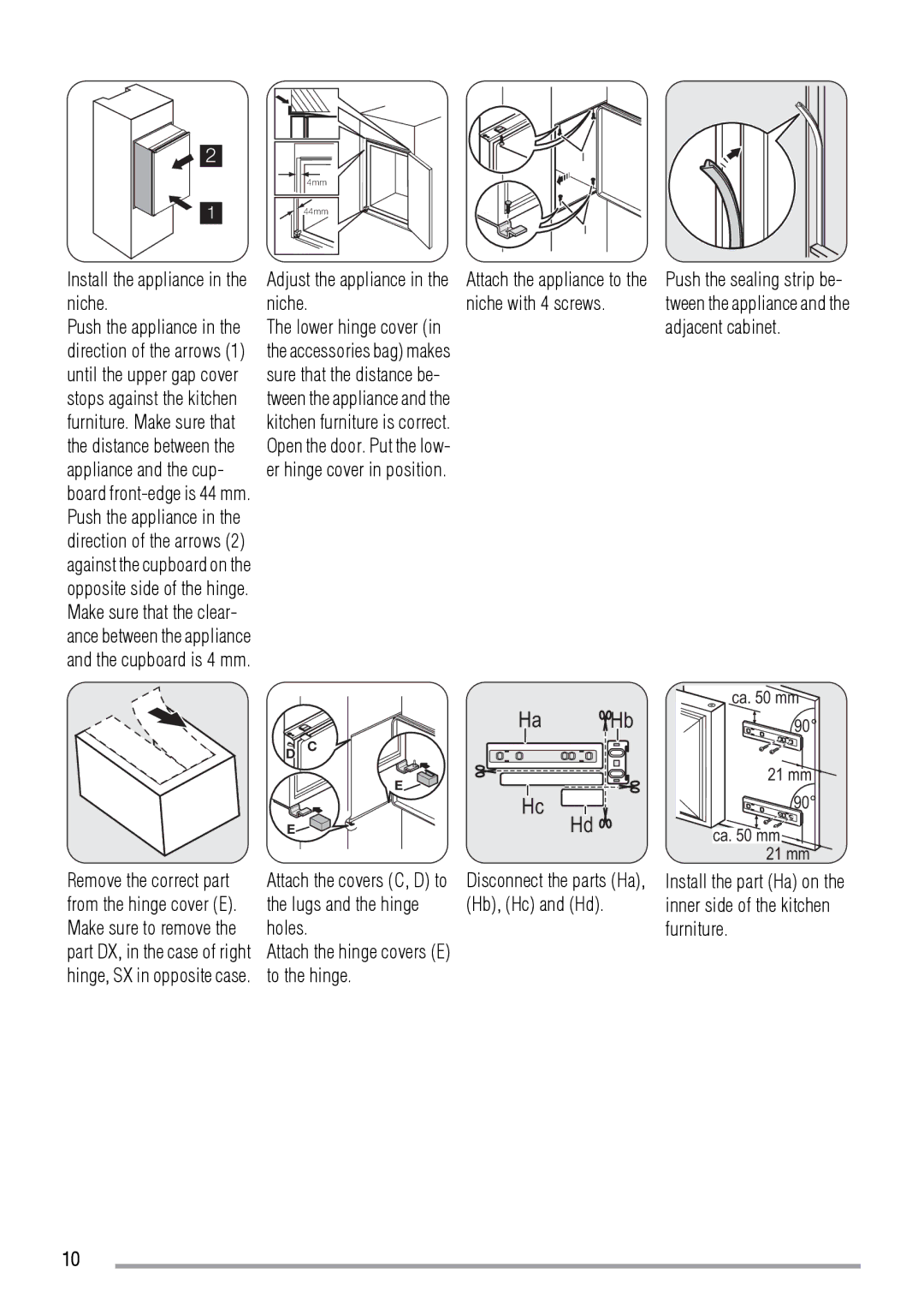 Zanussi ZBF3124A Install the appliance in the niche, Adjust the appliance in the niche, Hb, Hc and Hd, Holes Furniture 