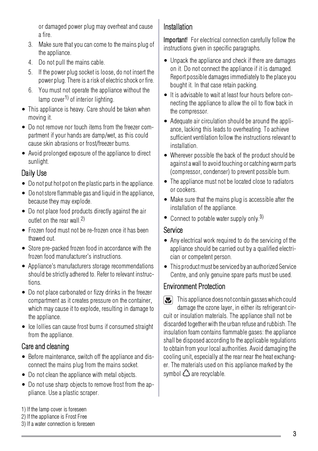 Zanussi ZBF3124A user manual Daily Use, Care and cleaning, Installation, Service, Environment Protection 