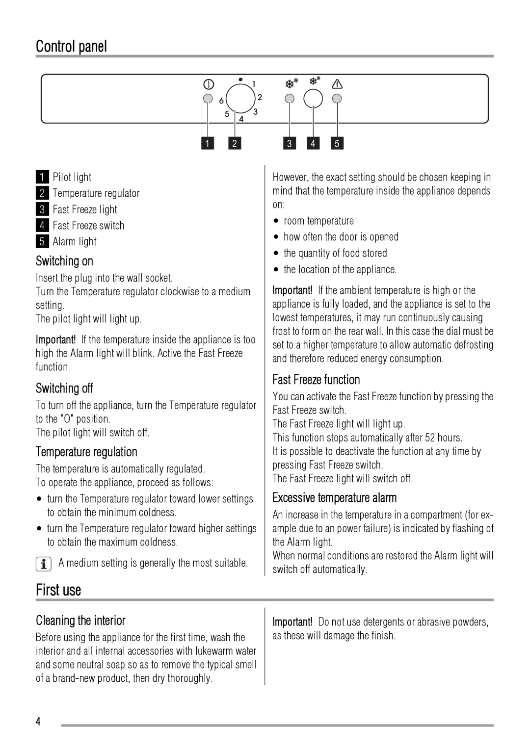 Zanussi ZBF3124A user manual Control panel, First use 