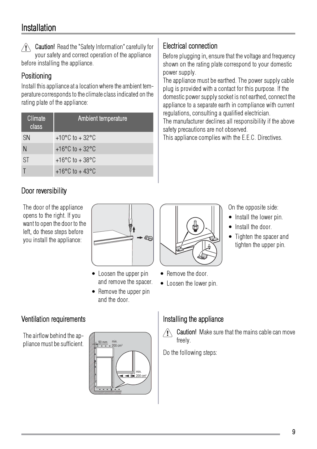 Zanussi ZBF3124A user manual Installation, Positioning, Electrical connection, Door reversibility, Installing the appliance 