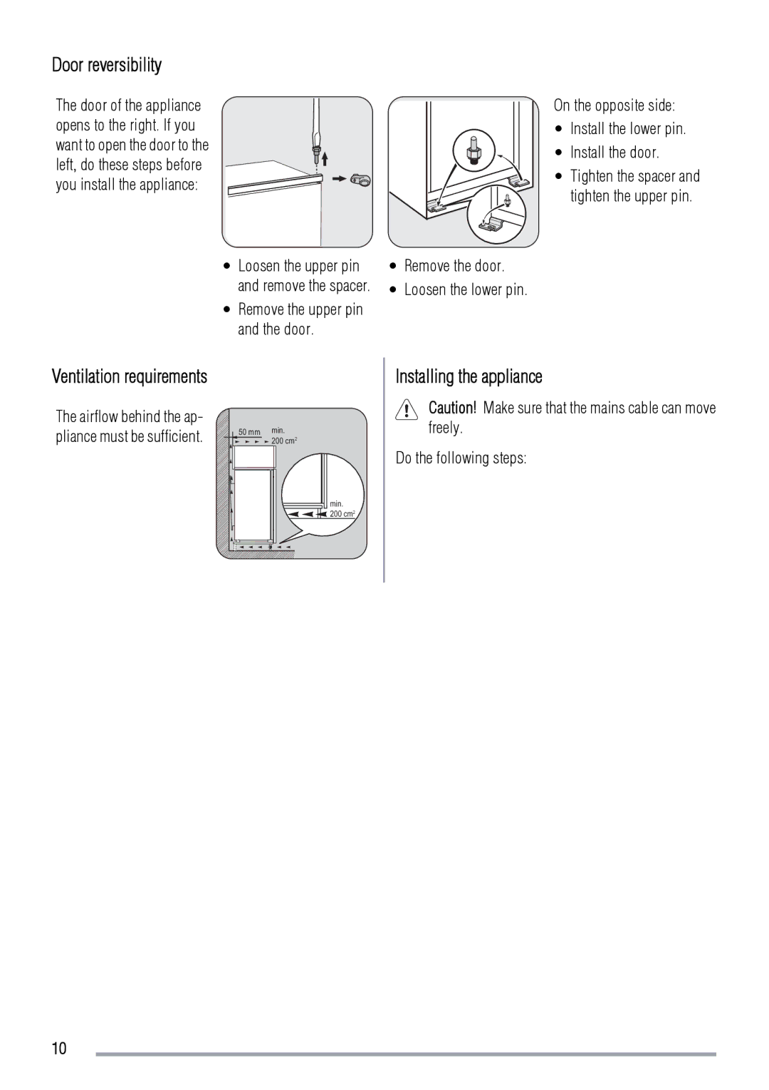 Zanussi ZBF6124A user manual Door reversibility, Installing the appliance, Do the following steps 