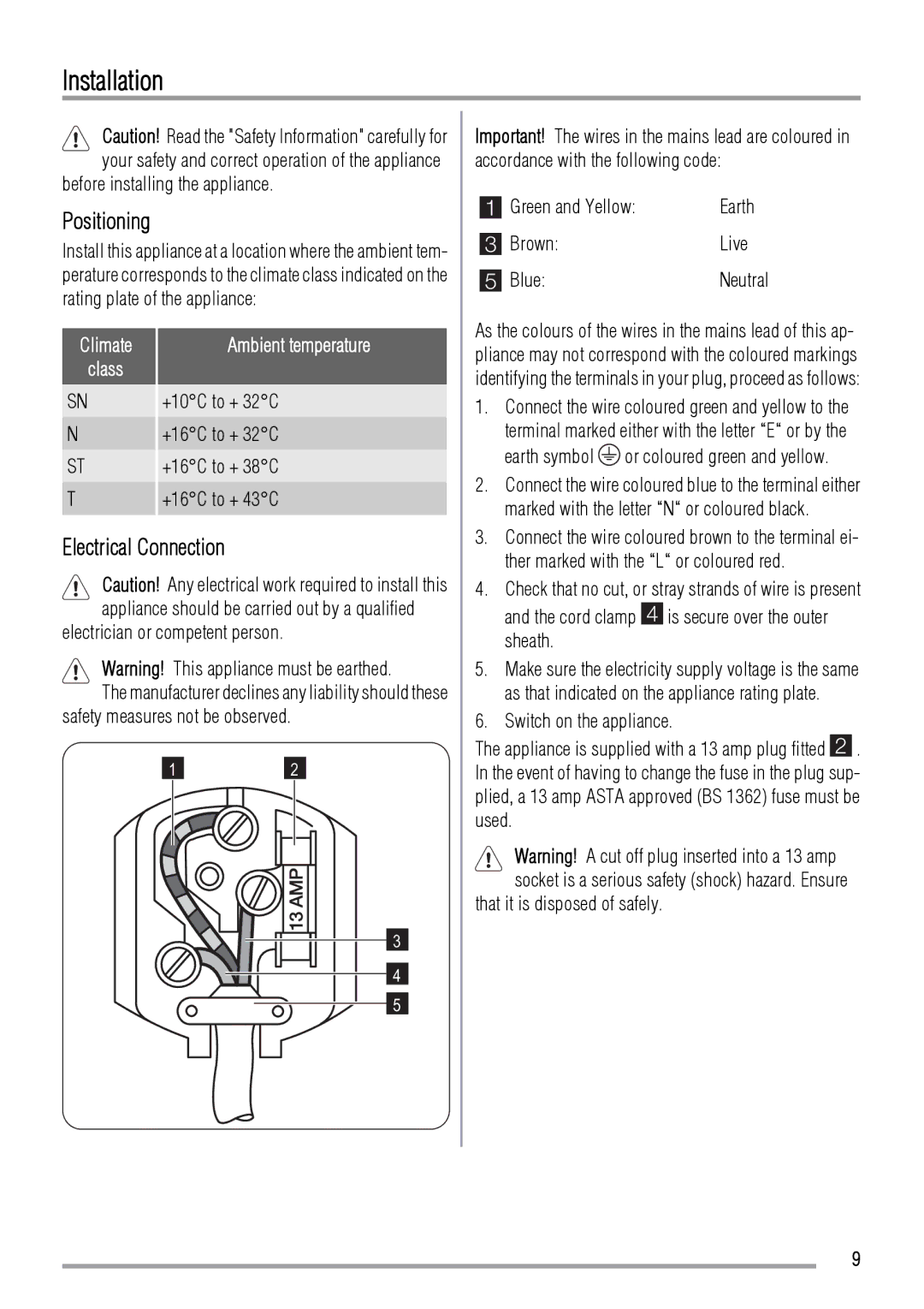 Zanussi ZBF6124A user manual Installation, Positioning, Electrical Connection 